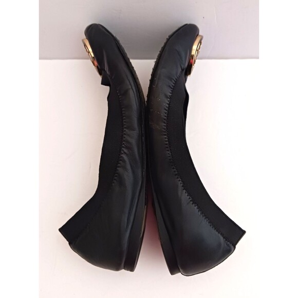 Tory Burch Caroline Blk Leather Ballet Flat Gold Enamel Logo Stretch Top 6.5M - Picture 7 of 9